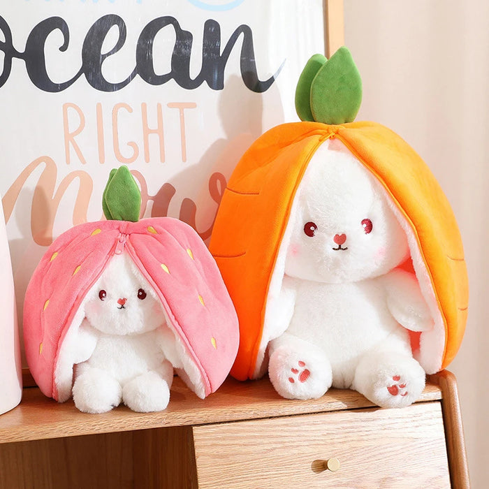 Reversible Bunny Plush – Carrot & Strawberry Pillow with Zipper
