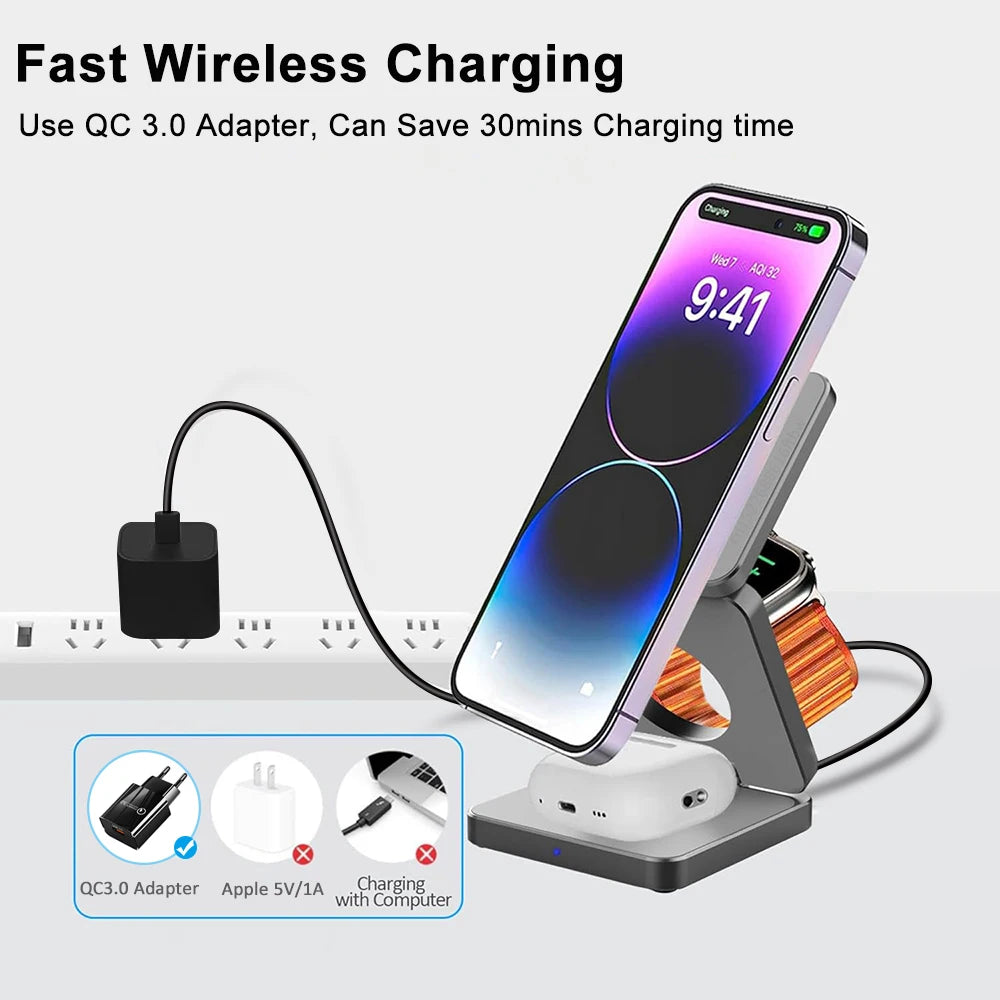 3-in-1 Foldable Magnetic Wireless Charging Station – Perfect for iPhone & Apple Watch