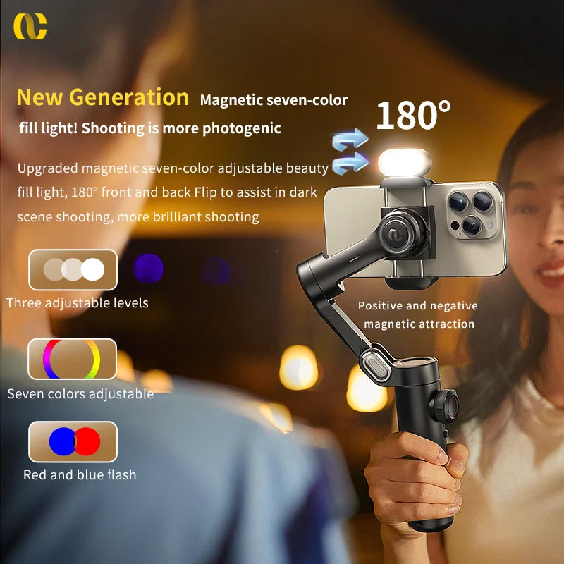 3-Axis Smartphone Gimbal with Fill Light & Face Tracking