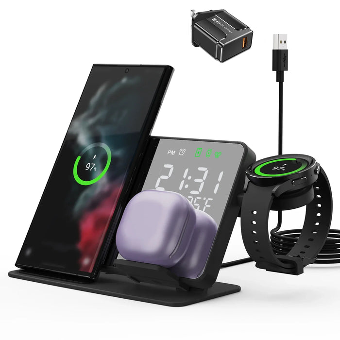 3-in-1 Wireless Charging Station with Alarm Clock – For Samsung Galaxy Watch & Galaxy S Series