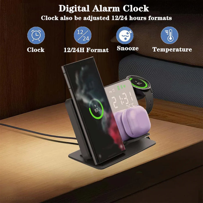 3-in-1 Wireless Charging Station with Alarm Clock – For Samsung Galaxy Watch & Galaxy S Series