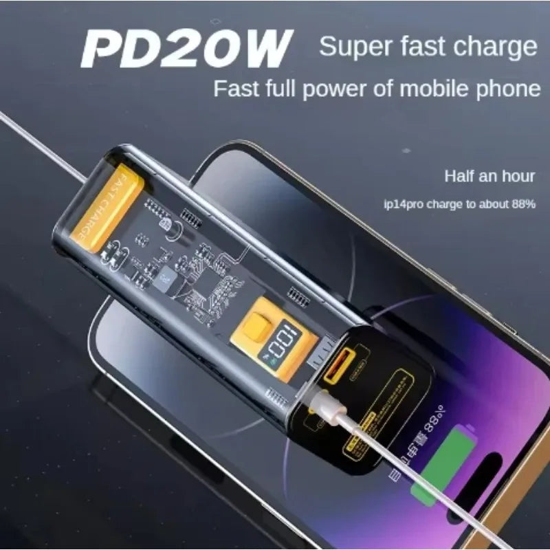 20000mAh Transparent Power Bank – Fast Charging with LED Display for iPhone & Android