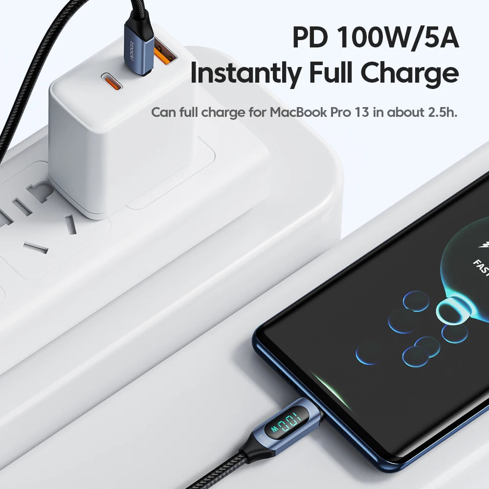 100W USB-C to USB-C Fast Charging Cable – 6A PD Charger with Display