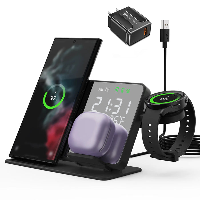 3-in-1 Wireless Charging Station with Alarm Clock – For Samsung Galaxy Watch & Galaxy S Series