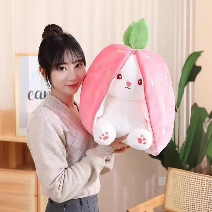 Reversible Bunny Plush – Carrot & Strawberry Pillow with Zipper