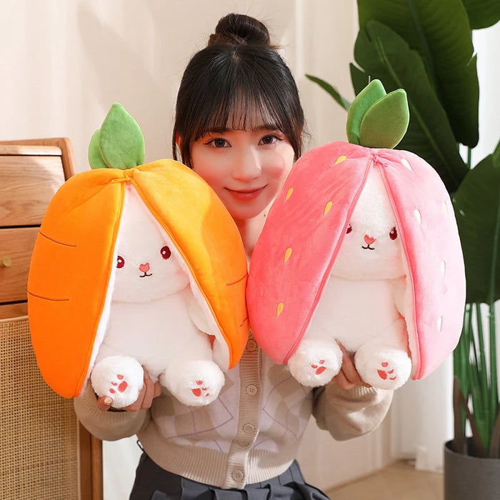 Reversible Bunny Plush – Carrot & Strawberry Pillow with Zipper