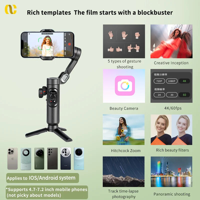 3-Axis Smartphone Gimbal with Fill Light & Face Tracking